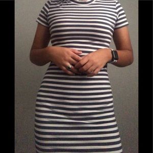 blue and white bodycon midi dress